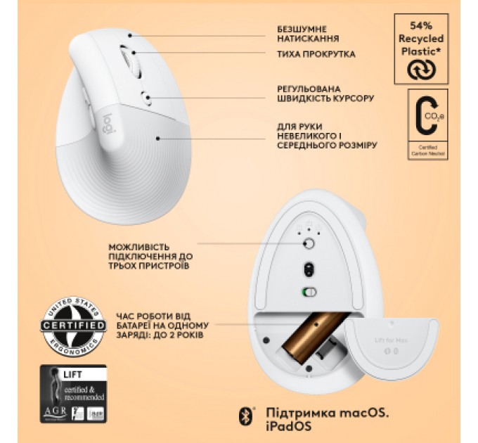 Logitech Мишка Logitech Lift for Mac Vertical Ergonomic Mouse Off White (910-006477)