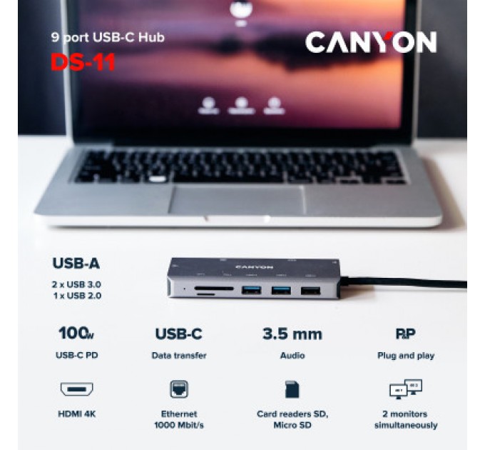 Canyon Порт-реплікатор Canyon DS-11, 9 in 1 USB-C hub, HDMI, Gigabit Ethernet, Type-C PD/100W (CNS-TDS11)