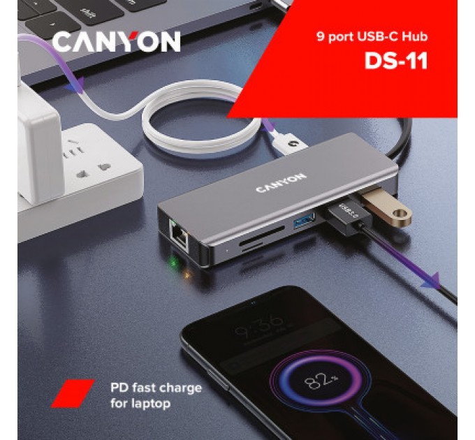 Canyon Порт-реплікатор Canyon DS-11, 9 in 1 USB-C hub, HDMI, Gigabit Ethernet, Type-C PD/100W (CNS-TDS11)