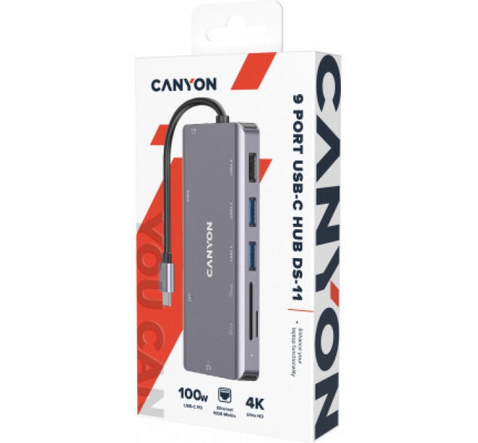 Canyon Порт-реплікатор Canyon DS-11, 9 in 1 USB-C hub, HDMI, Gigabit Ethernet, Type-C PD/100W (CNS-TDS11)