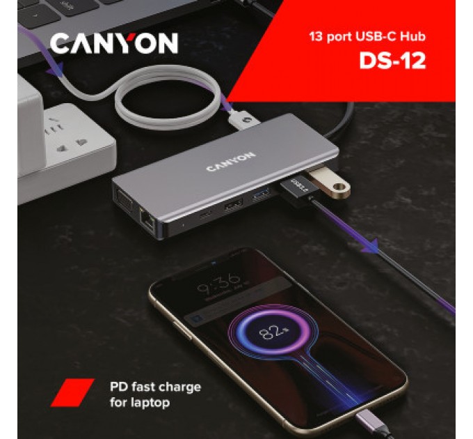 Canyon Порт-реплікатор Canyon DS-12, 13 in 1 USB-C hub, 2*HDMI, Gigabit Ethernet, VGA, 3*USB3.0, PD/100W, 3.5mm audio jack (CNS-TDS12)