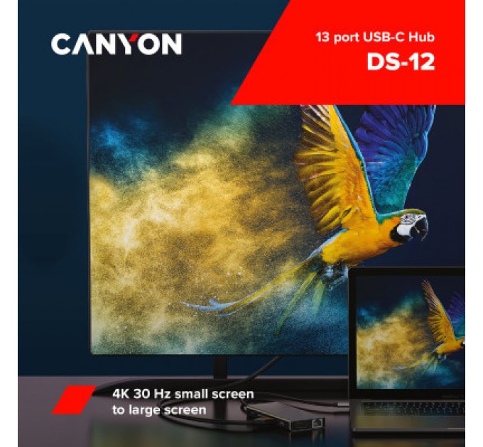 Canyon Порт-реплікатор Canyon DS-12, 13 in 1 USB-C hub, 2*HDMI, Gigabit Ethernet, VGA, 3*USB3.0, PD/100W, 3.5mm audio jack (CNS-TDS12)