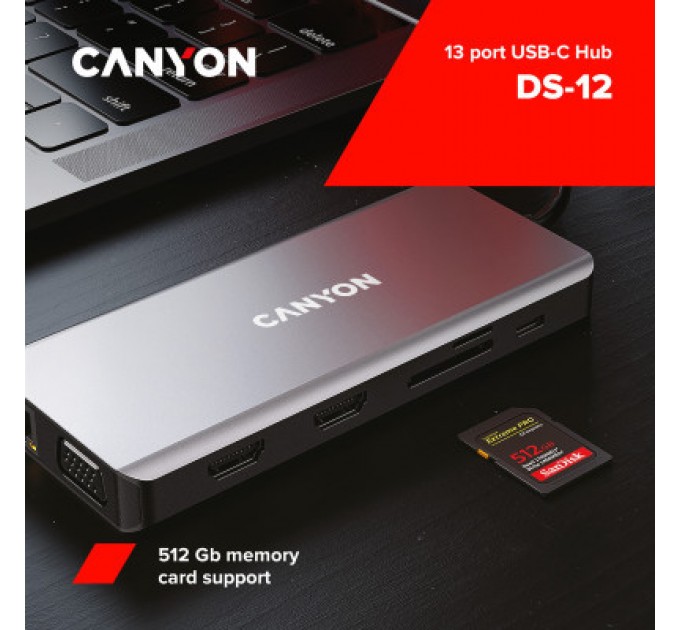 Canyon Порт-реплікатор Canyon DS-12, 13 in 1 USB-C hub, 2*HDMI, Gigabit Ethernet, VGA, 3*USB3.0, PD/100W, 3.5mm audio jack (CNS-TDS12)