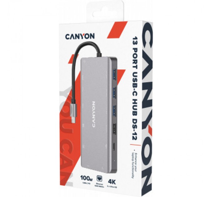 Canyon Порт-реплікатор Canyon DS-12, 13 in 1 USB-C hub, 2*HDMI, Gigabit Ethernet, VGA, 3*USB3.0, PD/100W, 3.5mm audio jack (CNS-TDS12)