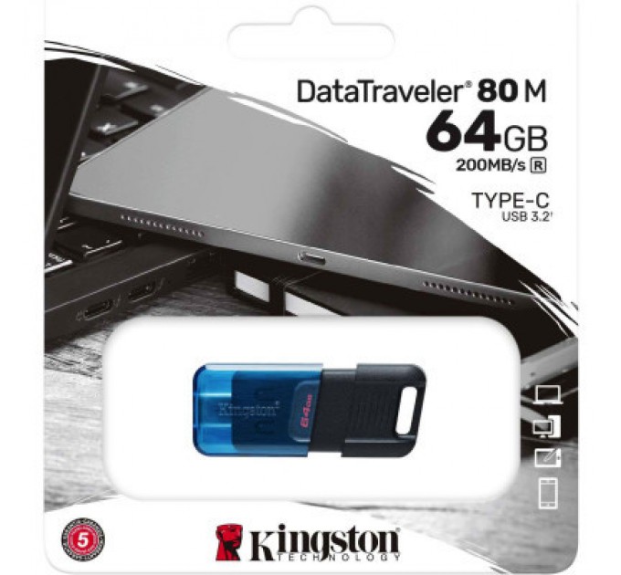 Kingston USB флеш накопичувач Kingston 64GB DataTraveler 80 M USB-C 3.2 Blue/Black (DT80M/64GB)