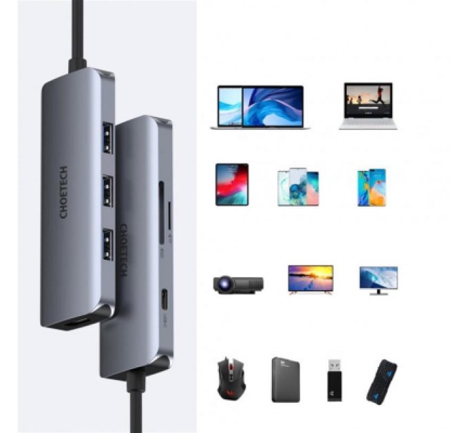 Choetech Концентратор Choetech USB-C 7-in-1 (HDMI/PD/CR/USB-A/USB-C) alum (HUB-M19-GY)