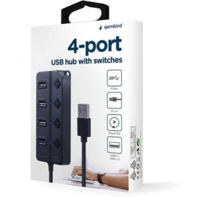 Gembird Концентратор Gembird 4 ports (1xUSB3.1+3xUSB2.0) switch black (UHB-U3P1U2P3P-01)