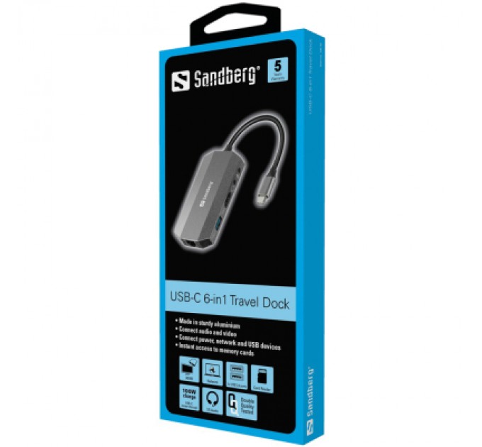 Sandberg Концентратор Sandberg USB3.1 Type-C to HDMI/USB 3.0x2/RJ45/SD/TF/PD 100W 6in1 (136-33)