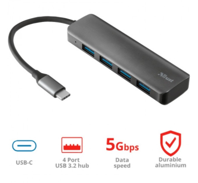 Trust Концентратор Halyx Type-C to 4-Port USB-A 3.2 Grey Trust (24948_TRUST)