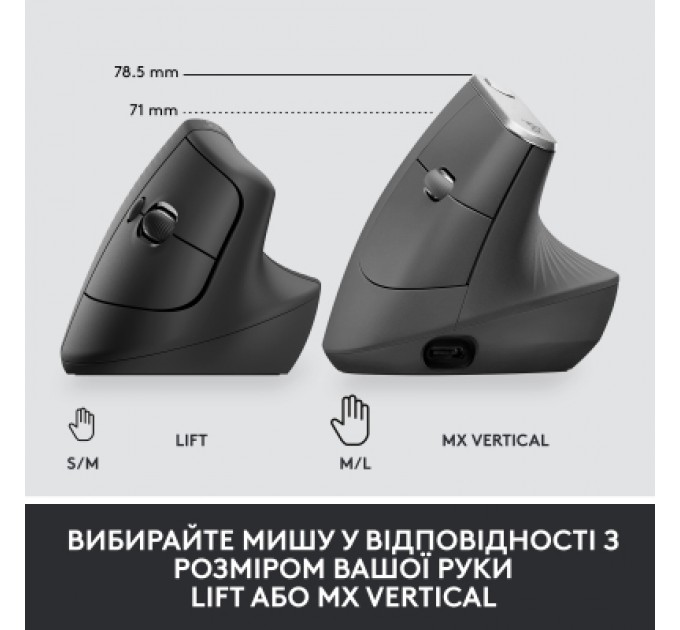 Logitech Мишка Logitech Lift Vertical Ergonomic Wireless/Bluetooth for Business Graphite (910-006494)