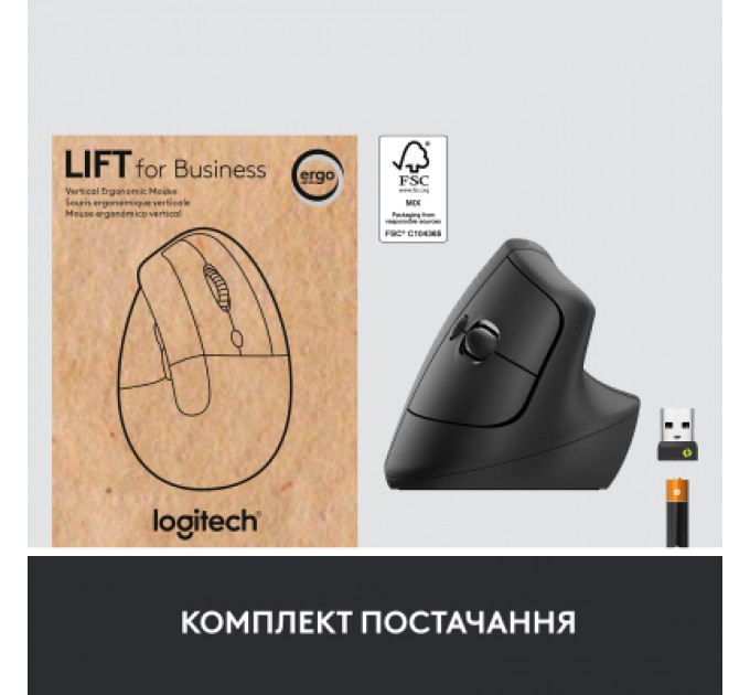 Logitech Мишка Logitech Lift Vertical Ergonomic Wireless/Bluetooth for Business Graphite (910-006494)