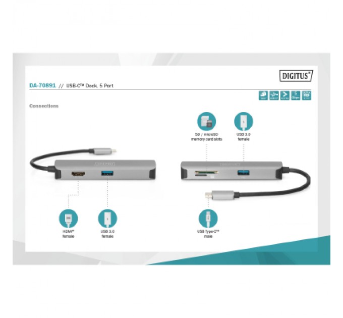 Digitus Концентратор Digitus Travel USB-C 5 Port (DA-70891)