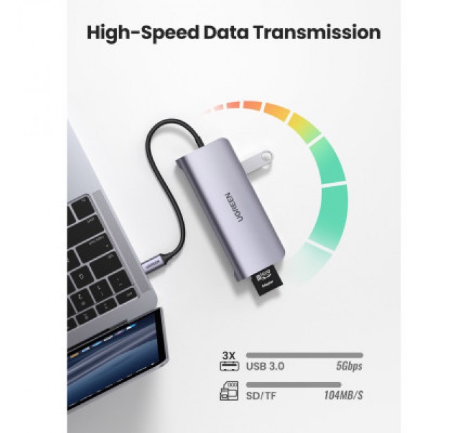 Ugreen Концентратор Ugreen USB3.0 Type-C to USB 3.0x3/HDMI/VGA/RJ45/SDTF/PD CM179 gray (40873)