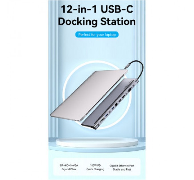 Vention Концентратор Vention USB3.1 Type-C to DP/HDMI/VGA/USB-C/USB3.0x3/RJ45/SD/TF/TRRS 3.5mm/PD 100W 12in1 (THSHC)