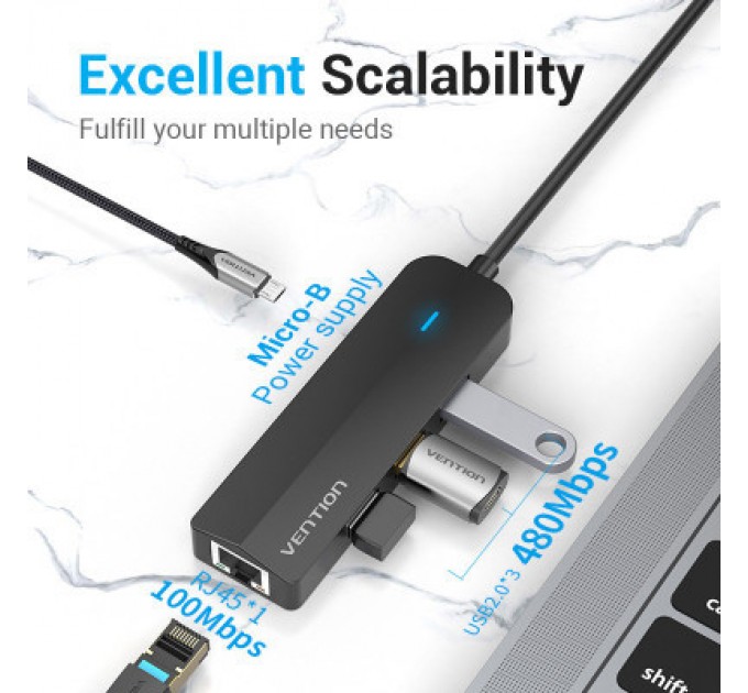 Vention Концентратор Vention USB 3.1 Type-C to 3xUSB 2.0+MicroUSB+RJ45 100M Ethernet black (TGOBB)