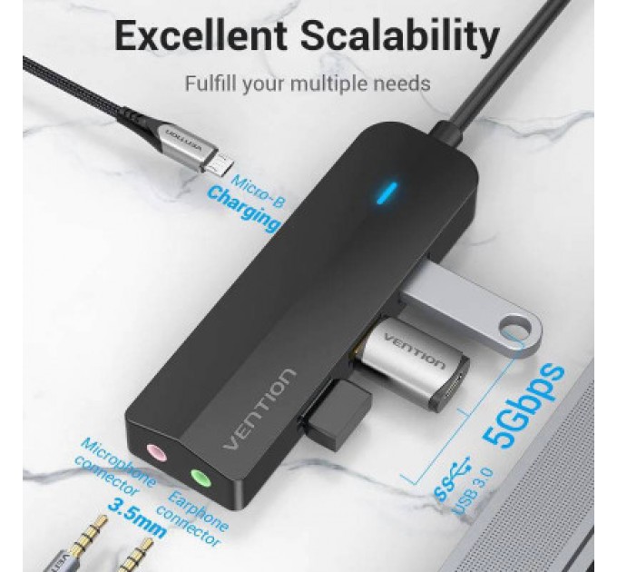 Vention Концентратор Vention USB 3.1 Type-C to 3xUSB 3.0+MicroUSB+3.5mm Sound Adapter black (TGQBB)