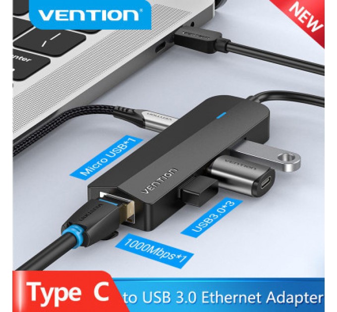 Vention Концентратор Vention USB 3.1 Type-C to 3xUSB 3.0+MicroUSB+RJ45 100M Ethernet black (TGPBB)