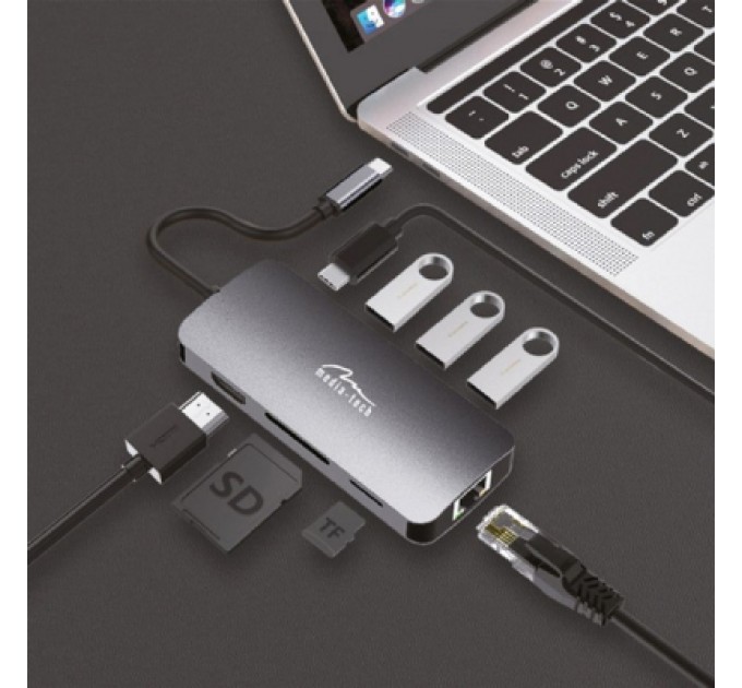 Media-Tech Концентратор Media-Tech USB3.1 Type-C to HDMI/USB 3.0x3/RJ45/SD/MicroSD/PD 100W Hub Pro 8-in-1 (MT5044)