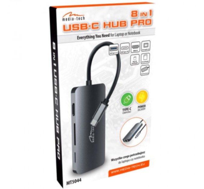Media-Tech Концентратор Media-Tech USB3.1 Type-C to HDMI/USB 3.0x3/RJ45/SD/MicroSD/PD 100W Hub Pro 8-in-1 (MT5044)