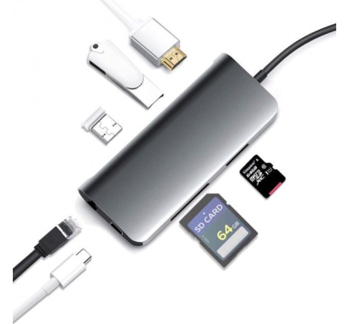 Prologix Концентратор Prologix USB3.1 Type C to HDMI+2*USB3.0+PD+Lan+TF+SD (PR-WUC-105B)