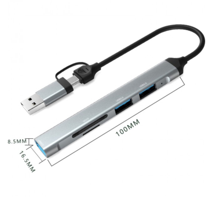 Dynamode Концентратор Dynamode 5-in-1 USB Type-C/Type-A to 1хUSB3.0, 2xUSB 2.0, card-reader SD/MicroSD (DM-UH-514)