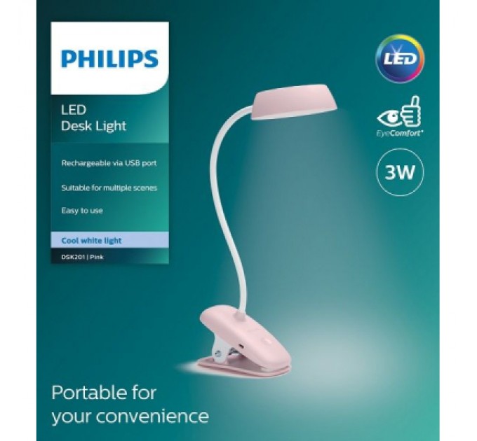 Philips Настільна лампа Philips LED Reading Desk lamp Donutclip 3W, 4000K, 1200mAh (Lithium battery), рожевий (929003179627)