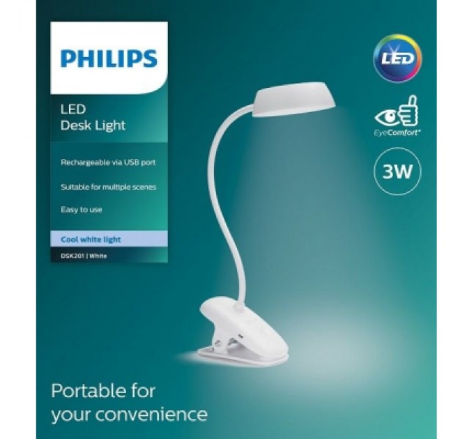 Philips Настільна лампа Philips LED Reading Desk lamp Donutclip 3W, 4000K, 1200mAh (Lithium battery), білий (929003179727)