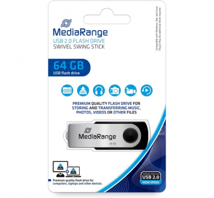 Mediarange USB флеш накопичувач Mediarange 64GB Black/Silver USB 2.0 (MR912)