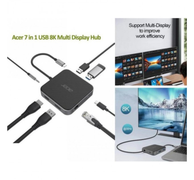 Acer Порт-реплікатор Acer 7-in-1, 8K, HDMI, DP, 2xUSB3.2, USB-C, RJ45, 3.5mm AP (HP.DSCAB.013)