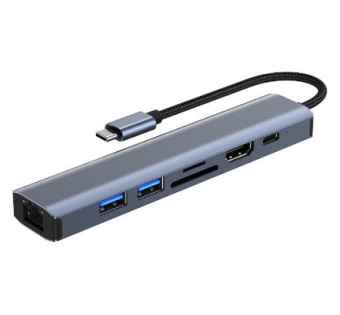 Dynamode Концентратор Dynamode 7-in-1 USB-C to HDTV 4K/30Hz, 2хUSB3.0, RJ45, USB-C PD 100W, SD/MicroSD (BYL-2303)