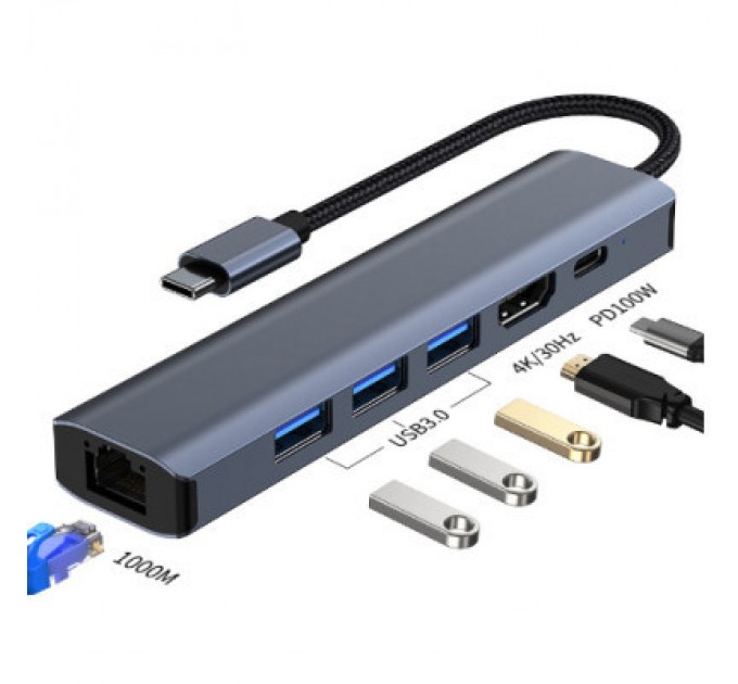 Dynamode Концентратор Dynamode 7-in-1 USB-C to HDTV 4K/30Hz, 2хUSB3.0, RJ45, USB-C PD 100W, SD/MicroSD (BYL-2303)