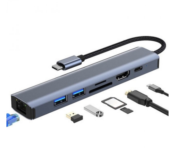 Dynamode Концентратор Dynamode 7-in-1 USB-C to HDTV 4K/30Hz, 2хUSB3.0, RJ45, USB-C PD 100W, SD/MicroSD (BYL-2303)