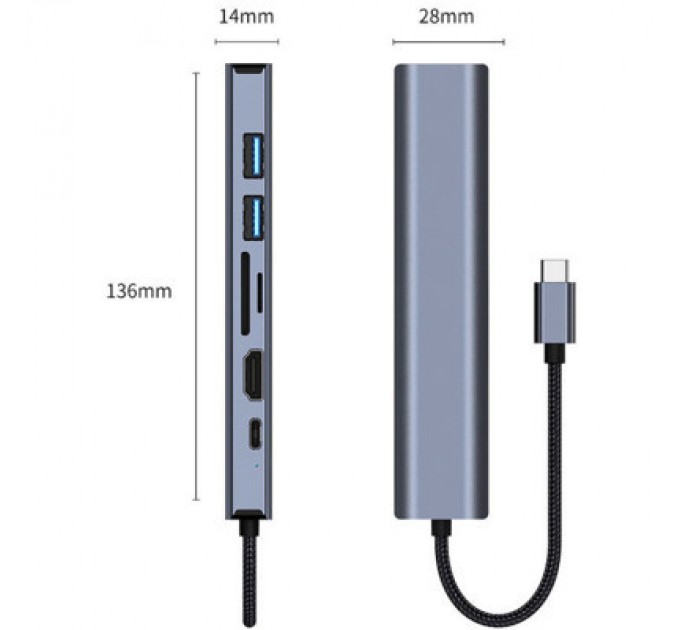 Dynamode Концентратор Dynamode 7-in-1 USB-C to HDTV 4K/30Hz, 2хUSB3.0, RJ45, USB-C PD 100W, SD/MicroSD (BYL-2303)