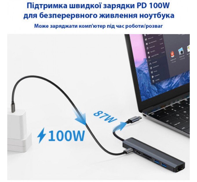 Dynamode Концентратор Dynamode 7-in-1 USB-C to HDTV 4K/30Hz, 2хUSB3.0, RJ45, USB-C PD 100W, SD/MicroSD (BYL-2303)