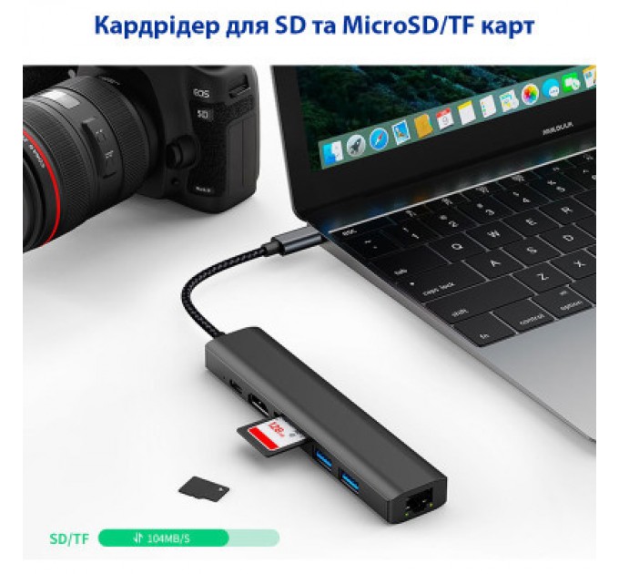 Dynamode Концентратор Dynamode 7-in-1 USB-C to HDTV 4K/30Hz, 2хUSB3.0, RJ45, USB-C PD 100W, SD/MicroSD (BYL-2303)