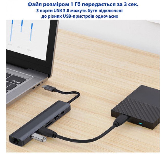 Dynamode Концентратор Dynamode 7-in-1 USB-C to HDTV 4K/30Hz, 2хUSB3.0, RJ45, USB-C PD 100W, SD/MicroSD (BYL-2303)