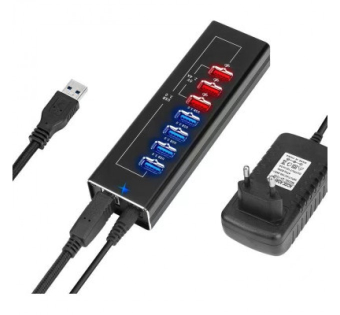 Dynamode Концентратор Dynamode 4*USB3.0 data ports + 3*2.4А charge with Power Adaptor metal (DM-UH-P407)