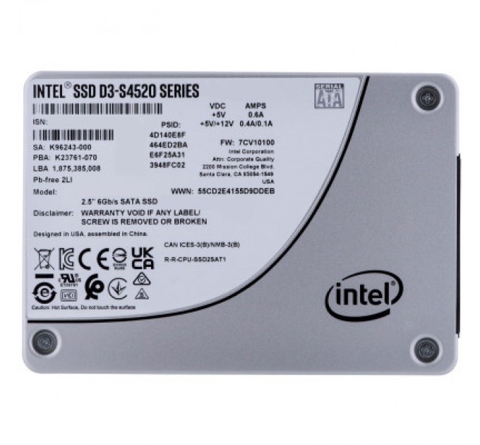 INTEL Накопичувач SSD 2.5" 7.68TB D3-S4520 INTEL (SSDSC2KB076TZ01)