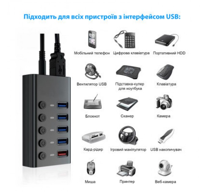 Dynamode Концентратор Dynamode 5 ports USB3.0 to 4*USB3.0+2.4А Power Adapter 2.5A/12V (DM-UH-P405-G)