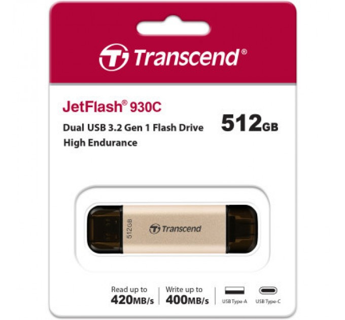 Transcend USB флеш накопичувач Transcend 512GB JetFlash 930C Gold-Black USB 3.2/Type-C (TS512GJF930C)