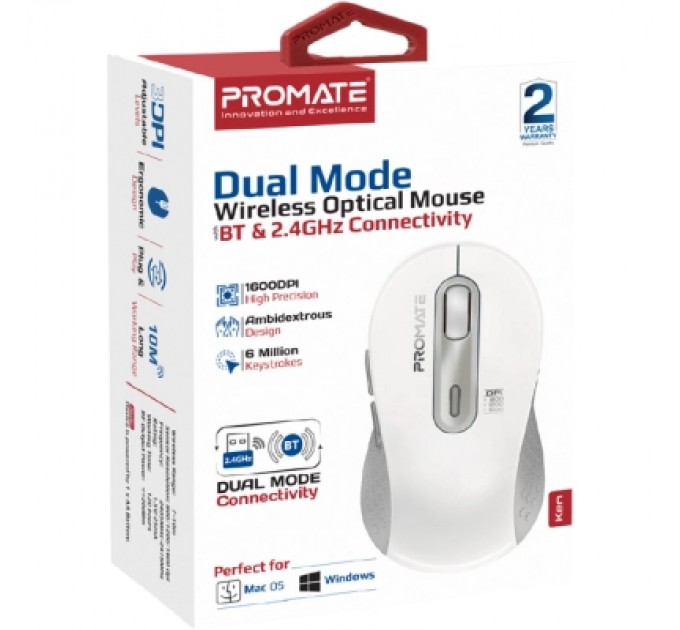 Promate Мишка Promate Ken Wireless/Bluetooth White (ken.white)