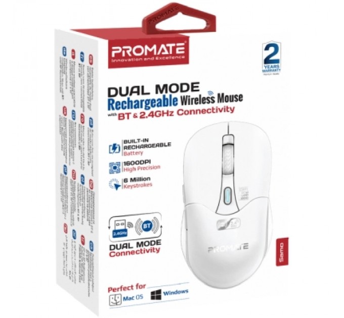 Promate Мишка Promate Samo Wireless/Bluetooth White (samo.white)