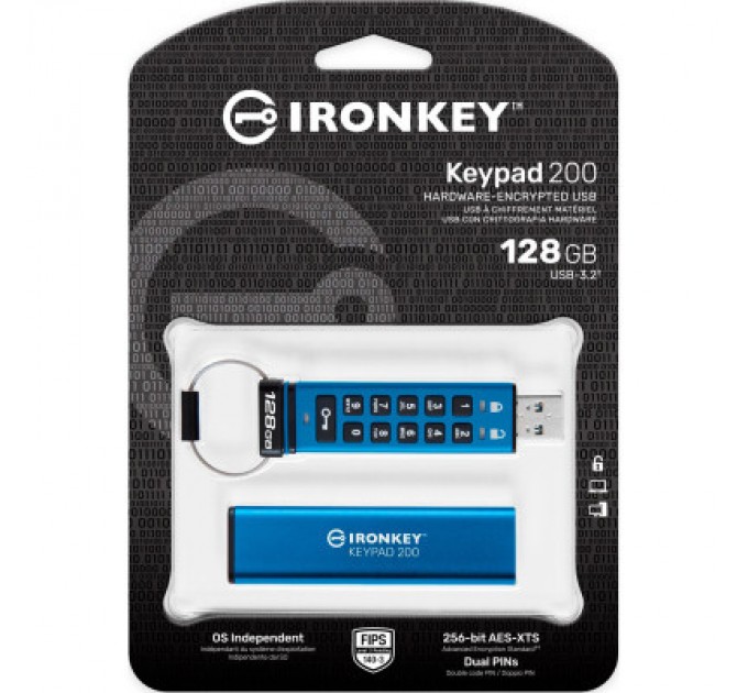 Kingston USB флеш накопичувач Kingston 128GB IronKey Keypad 200 AES-256 Encrypted Blue USB 3.2 (IKKP200/128GB)