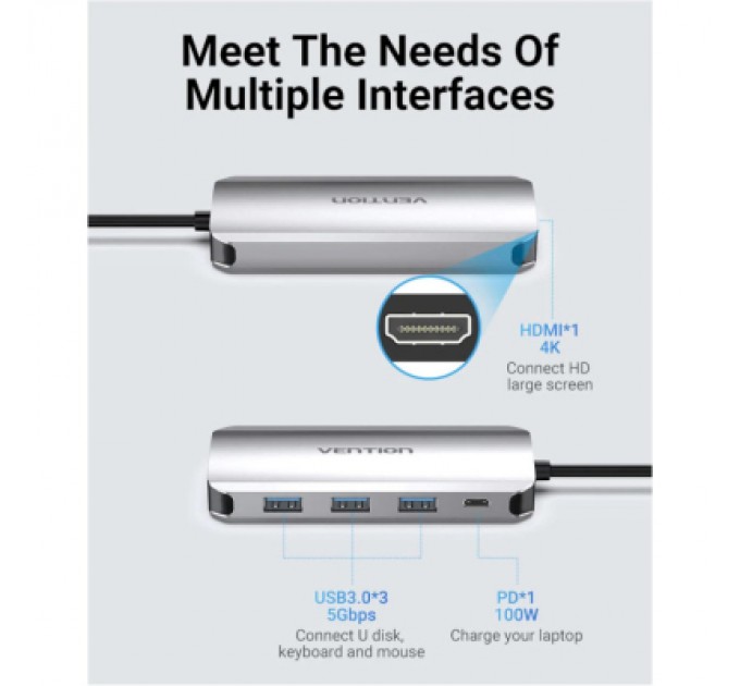 Vention Концентратор Vention USB 3.1 Type-C to HDM/USB 3.0х3//PD 100W 5-in-1 (THFHB)