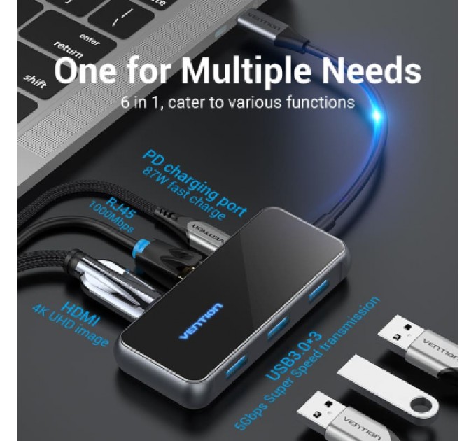 Vention Концентратор Vention USB 3.1 Type-C to HDMI 4K60Hz/USB 3.0х3/RJ45/PD 87W 6-in-1 Mirrored Surface (TFFHB)