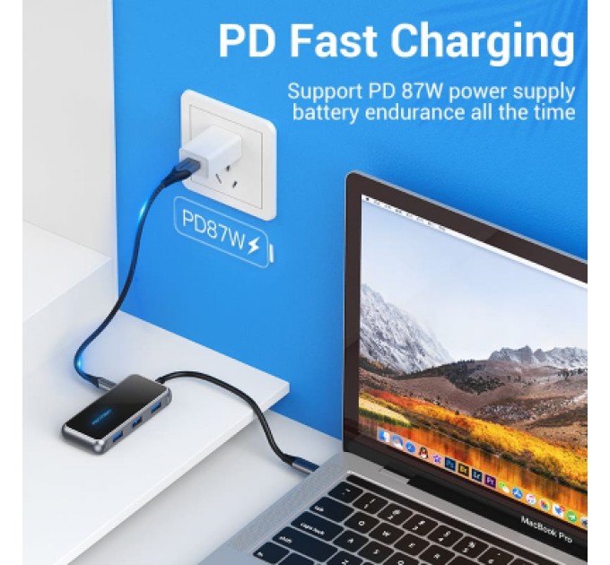 Vention Концентратор Vention USB 3.1 Type-C to HDMI 4K60Hz/USB 3.0х3/RJ45/PD 87W 6-in-1 Mirrored Surface (TFFHB)