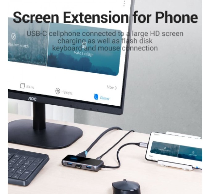Vention Концентратор Vention USB 3.1 Type-C to HDMI 4K60Hz/USB 3.0х3/RJ45/PD 87W 6-in-1 Mirrored Surface (TFFHB)