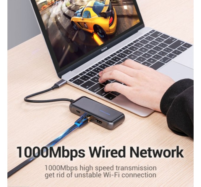 Vention Концентратор Vention USB 3.1 Type-C to HDMI 4K60Hz/USB 3.0х3/RJ45/PD 87W 6-in-1 Mirrored Surface (TFFHB)