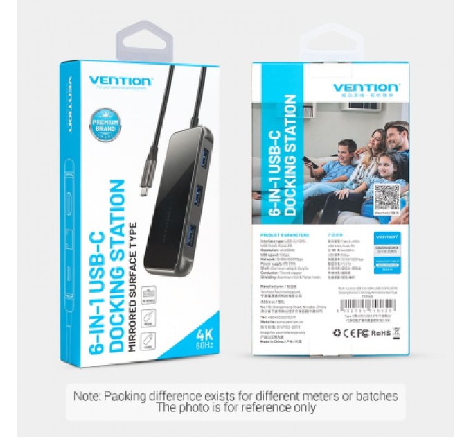 Vention Концентратор Vention USB 3.1 Type-C to HDMI 4K60Hz/USB 3.0х3/RJ45/PD 87W 6-in-1 Mirrored Surface (TFFHB)