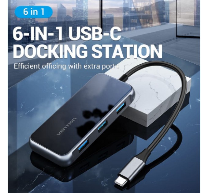 Vention Концентратор Vention USB 3.1 Type-C to HDMI 4K60Hz/USB 3.0х3/RJ45/PD 87W 6-in-1 Mirrored Surface (TFFHB)